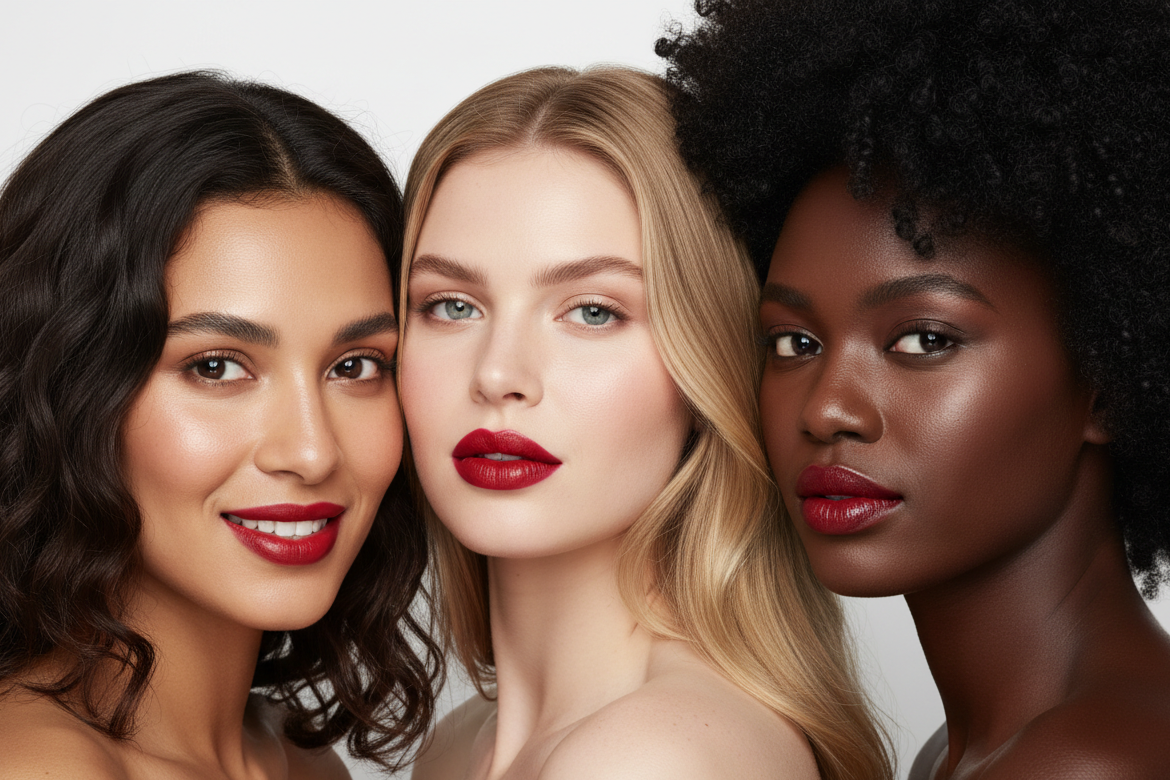 l'image hd de 3 filles de differentes couleurs de peau, blonde metisse et noir avec une rouge a levres couleur cherry 