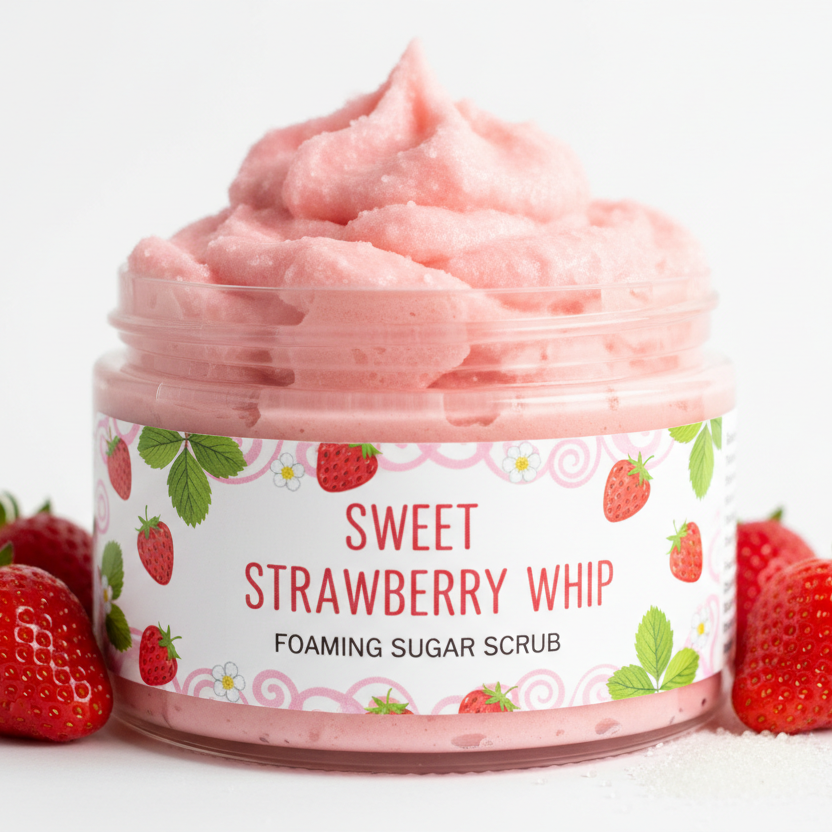 pink Foaming sugar scrub with stwarberry design